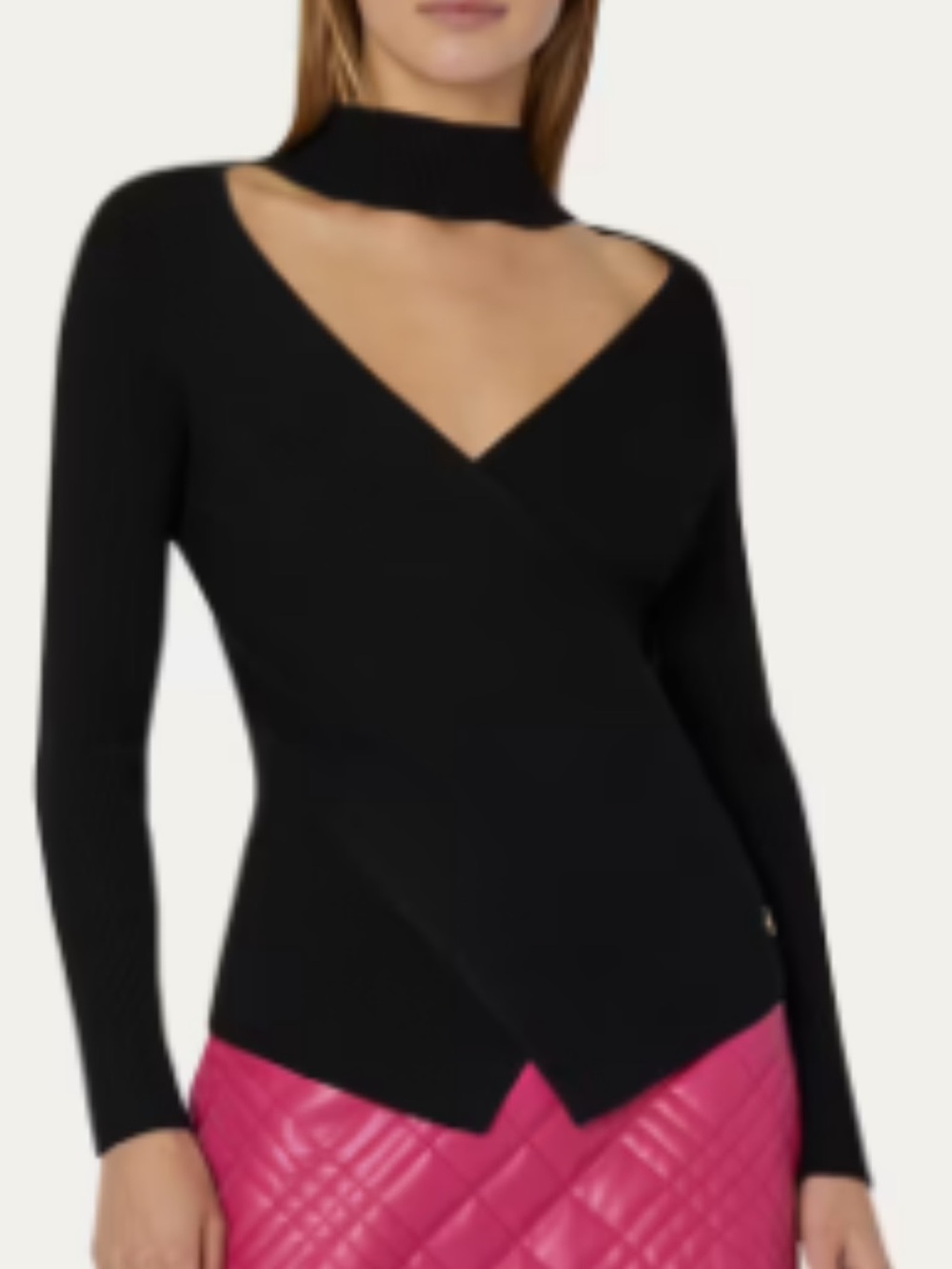 MILLY Black Ribbed Knit Reversible Cutout Criss Cross Faux Wrap Sweater XL
